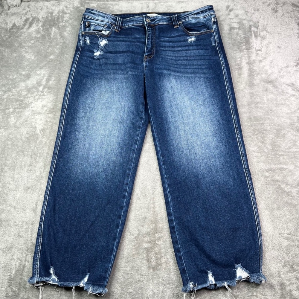 KanCan Wide Leg Jeans Womens 16 Dark Wash Distressed Raw Hem Stretch Denim